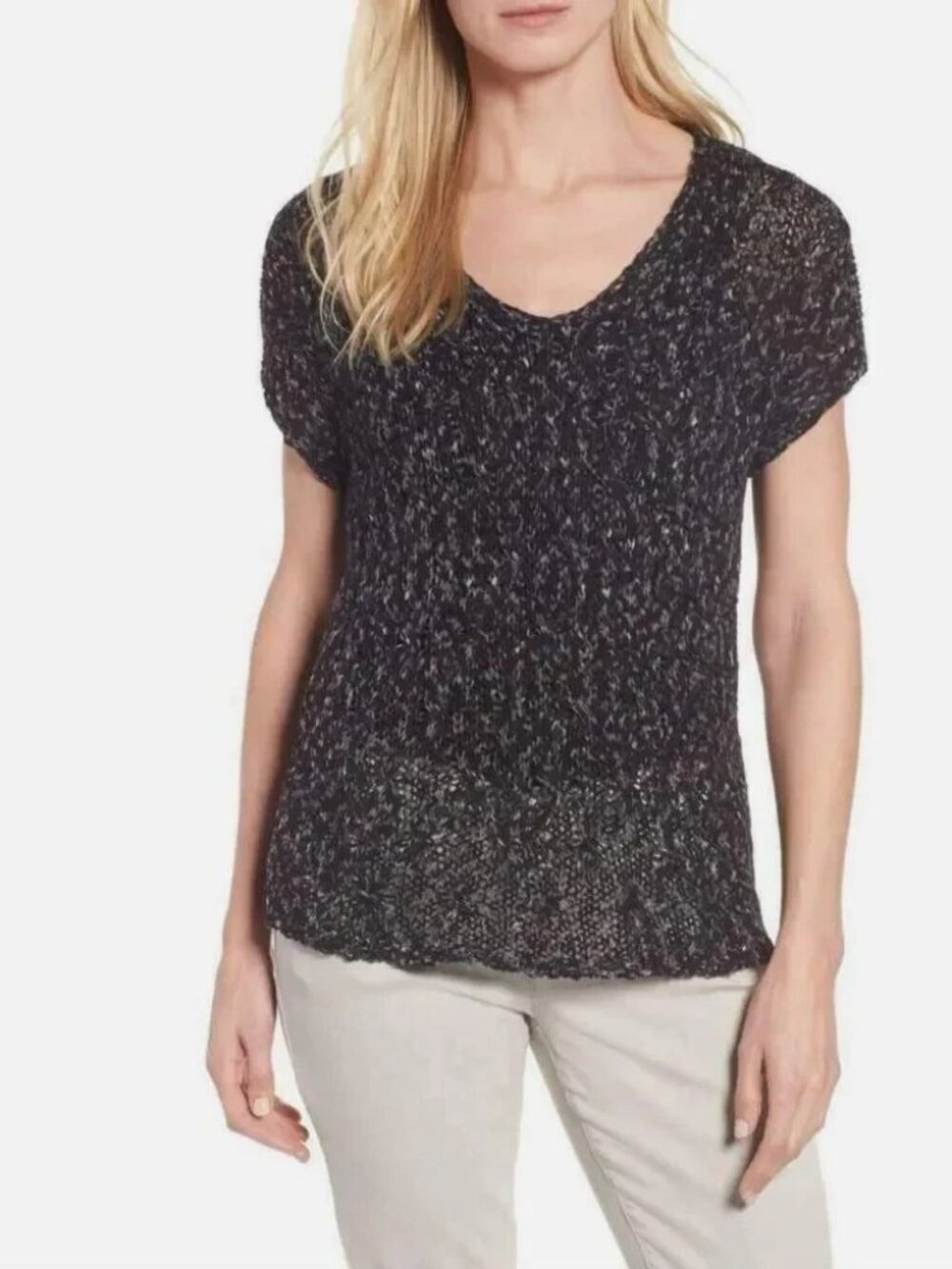 Eileen Fisher Women's Open Knit Organic Cotton Short Sleeve Sweater Black L